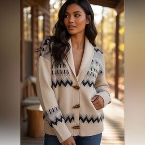 Frye Jacquard Fringe Shawl Cardigan. Size XL